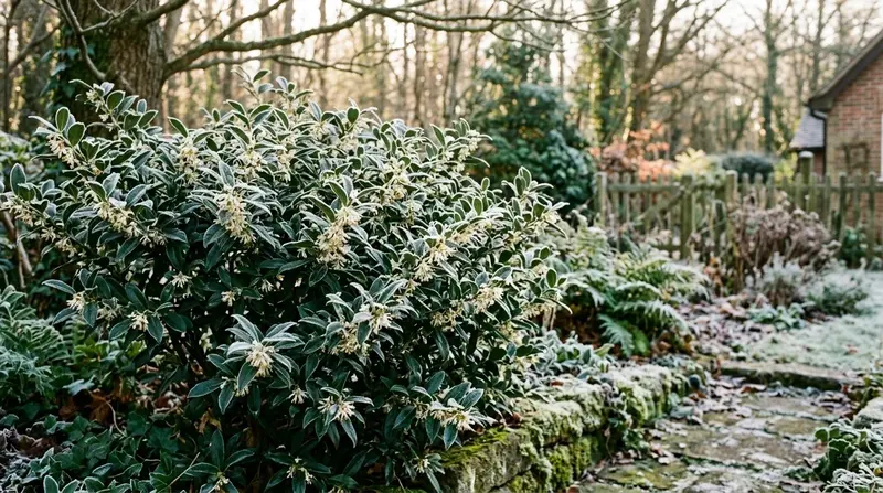Sarcococca Christmas Box UK winter shrub flowering with frost on dark glossy leaves