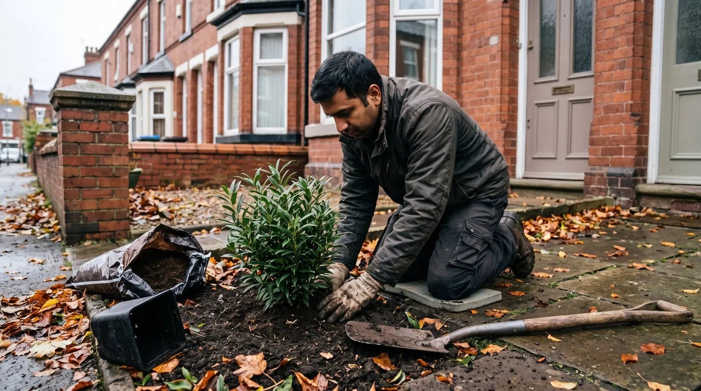 Gardener firming soil around a newly planted sarcococca beside a shady front path