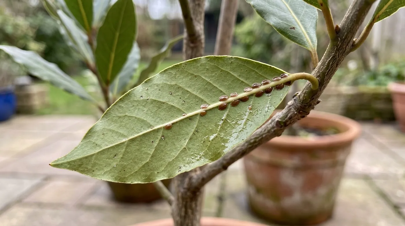 Brown soft scale insects as flat brown bumps along the vein under a bay leaf