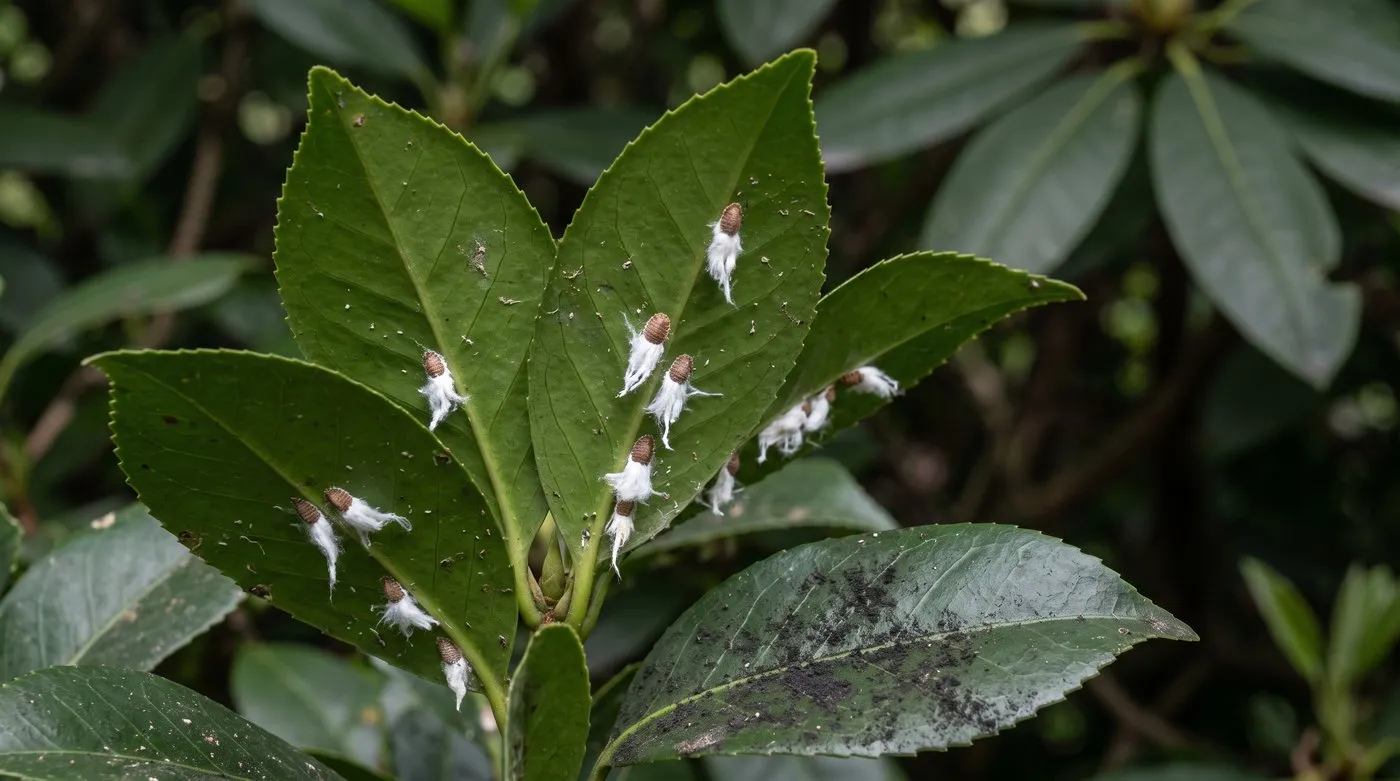 Cushion scale with white fluffy egg sacs on the underside of camellia leaves
