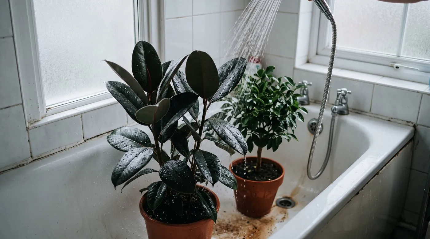 Houseplants being rinsed under a lukewarm shower in the bath to knock off young scale