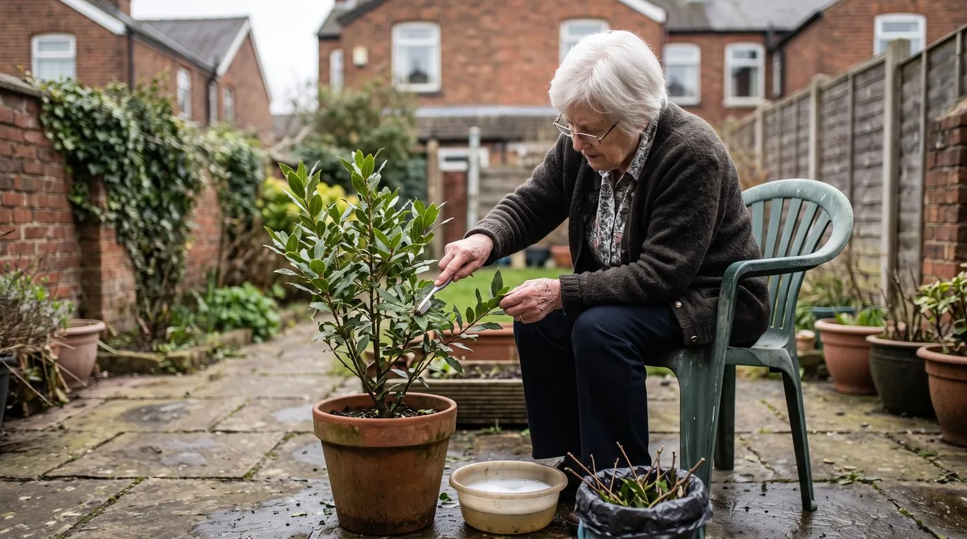 Older woman scrubbing scale insects off a potted bay tree's stems with an old toothbrush