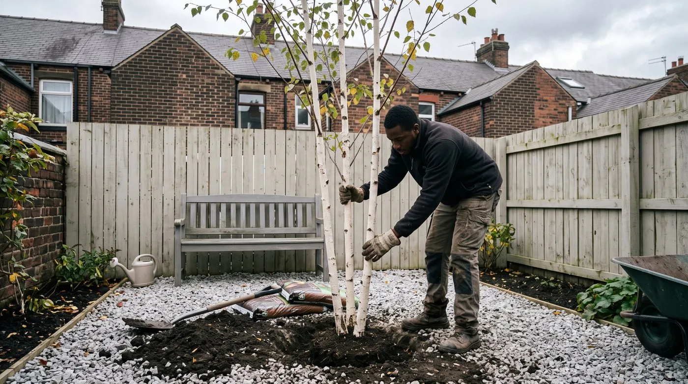 Man planting a multi-stem white birch off-centre in a small gravel garden with a grey timber bench