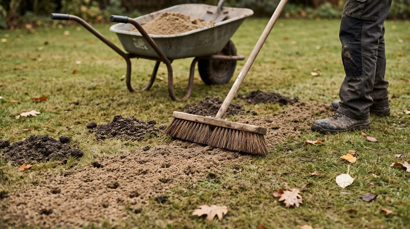 Brushing a sand and compost top-dressing into the holes of a freshly aerated lawn with a broom