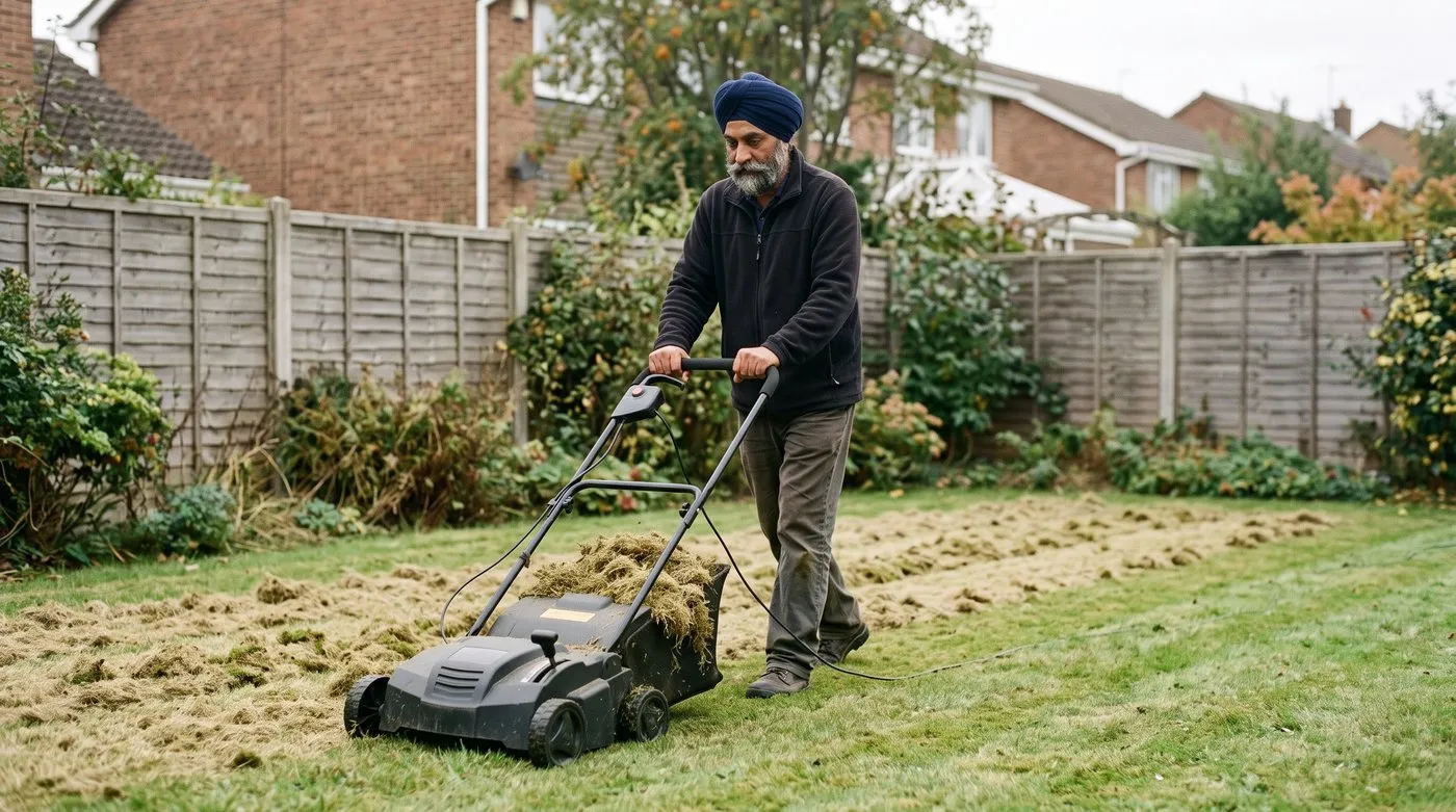 A man using an electric scarifier in straight rows across a short-mown lawn in September