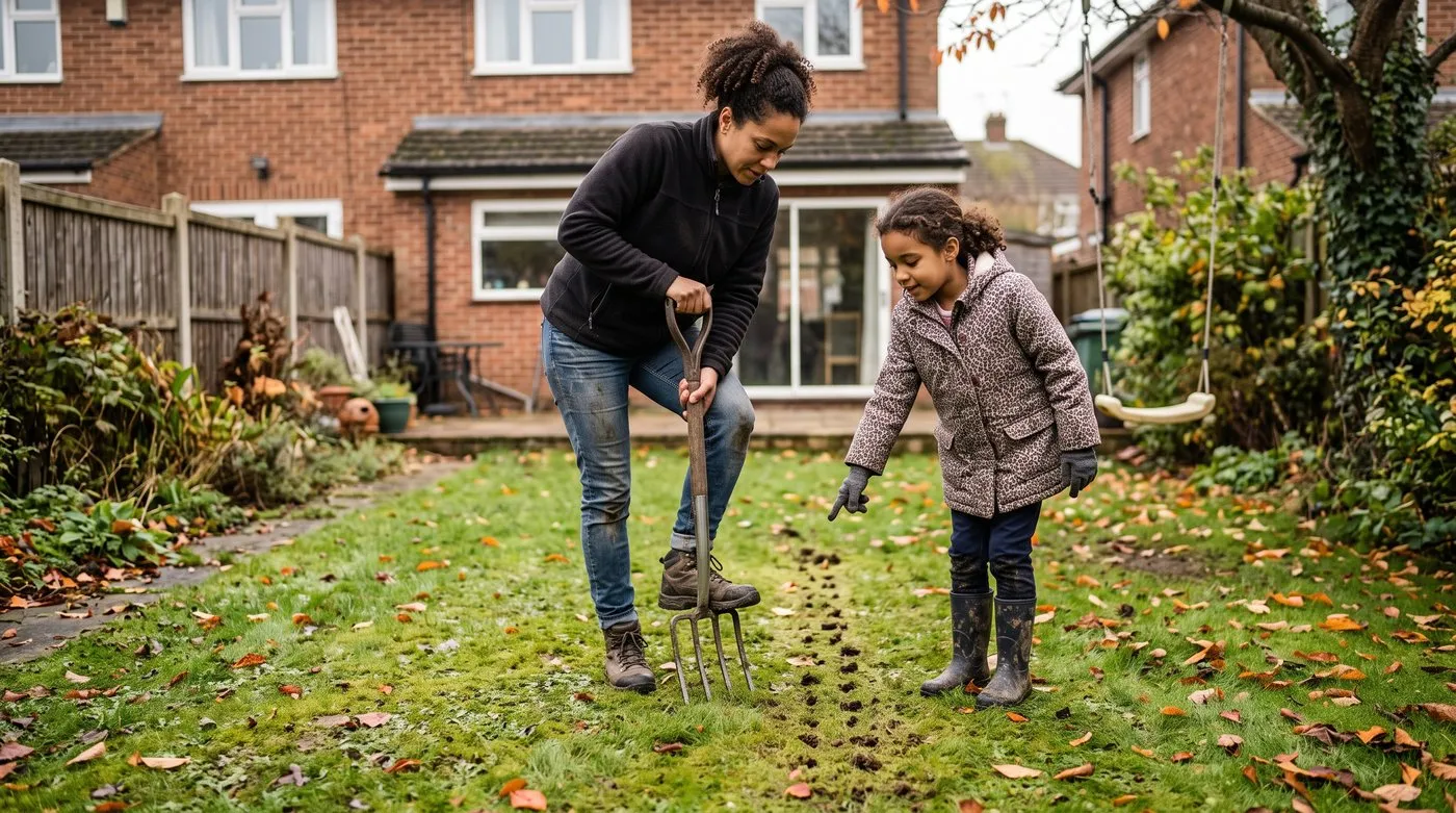 A mother and daughter aerating a lawn by pushing a garden fork into the grass in rows