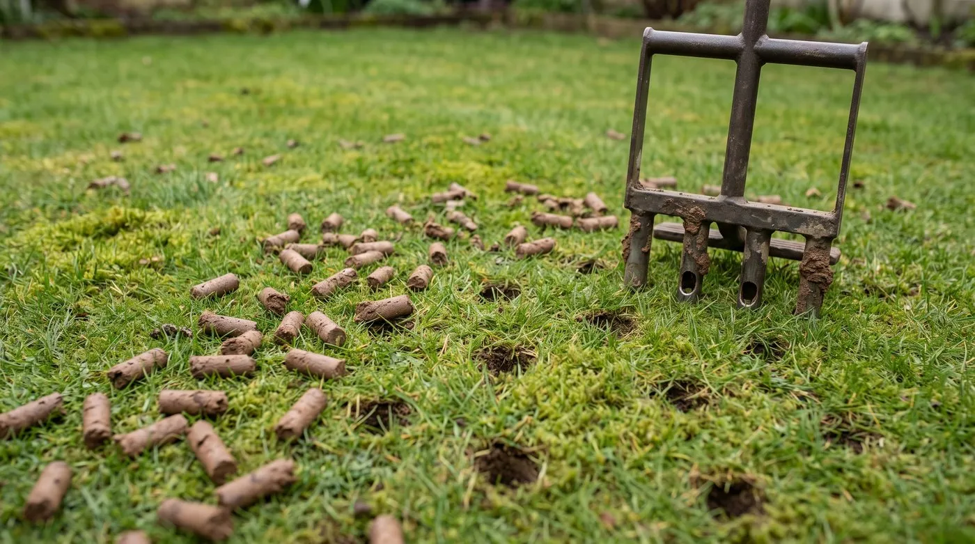 Soil plugs scattered across a lawn after hollow-tine aeration, with neat open holes in rows