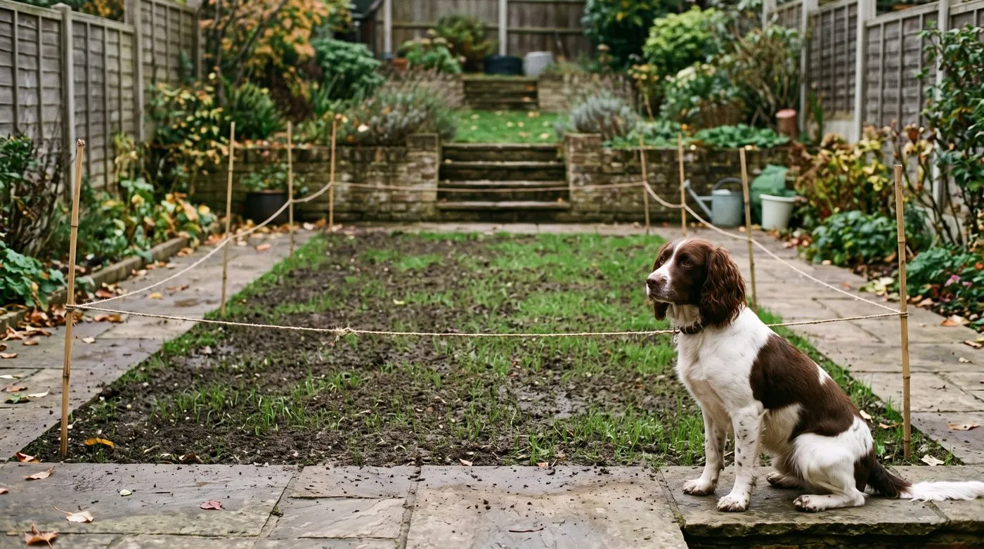 Newly seeded lawn marked off with canes and string, with a spaniel waiting on the patio