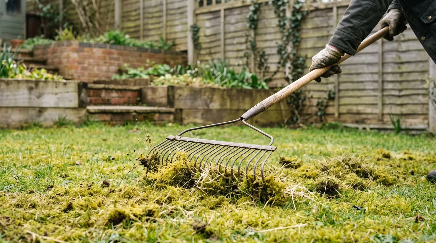 A spring-tine rake dragging moss and dead grass out of a small lawn in spring