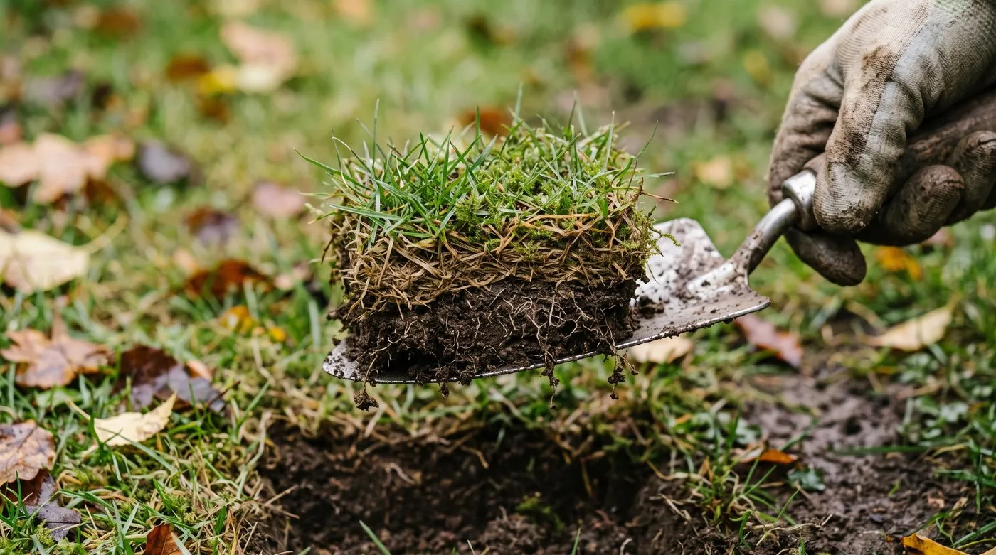 A lifted piece of lawn turf showing a thick, spongy brown thatch layer between the grass and soil
