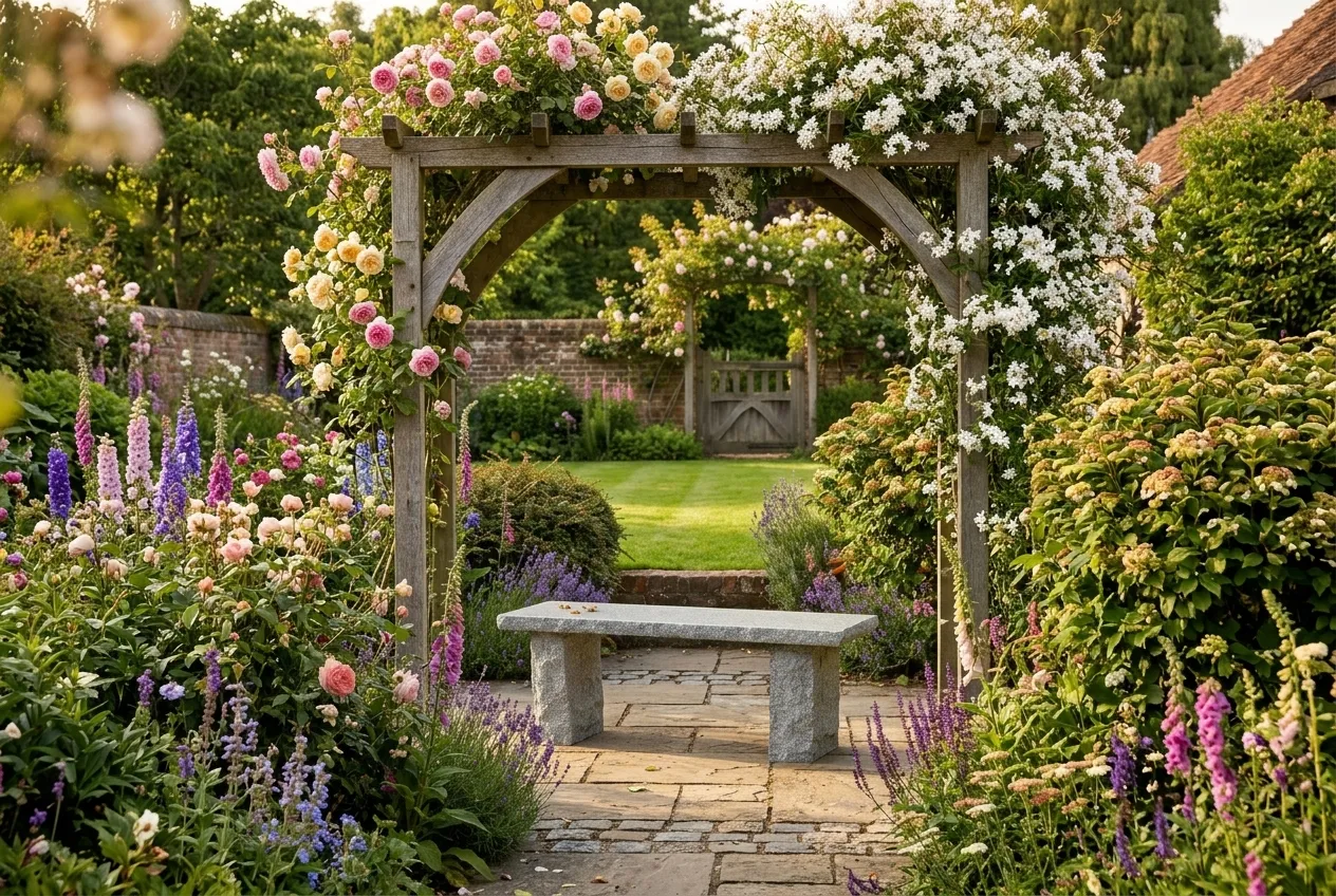 A granite garden bench set beneath an arch covered in scented climbers as a fragrant seat