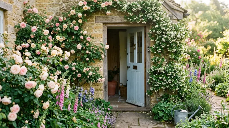 Cottage stone wall and doorway covered in scented climbing roses and white star jasmine in full June bloom