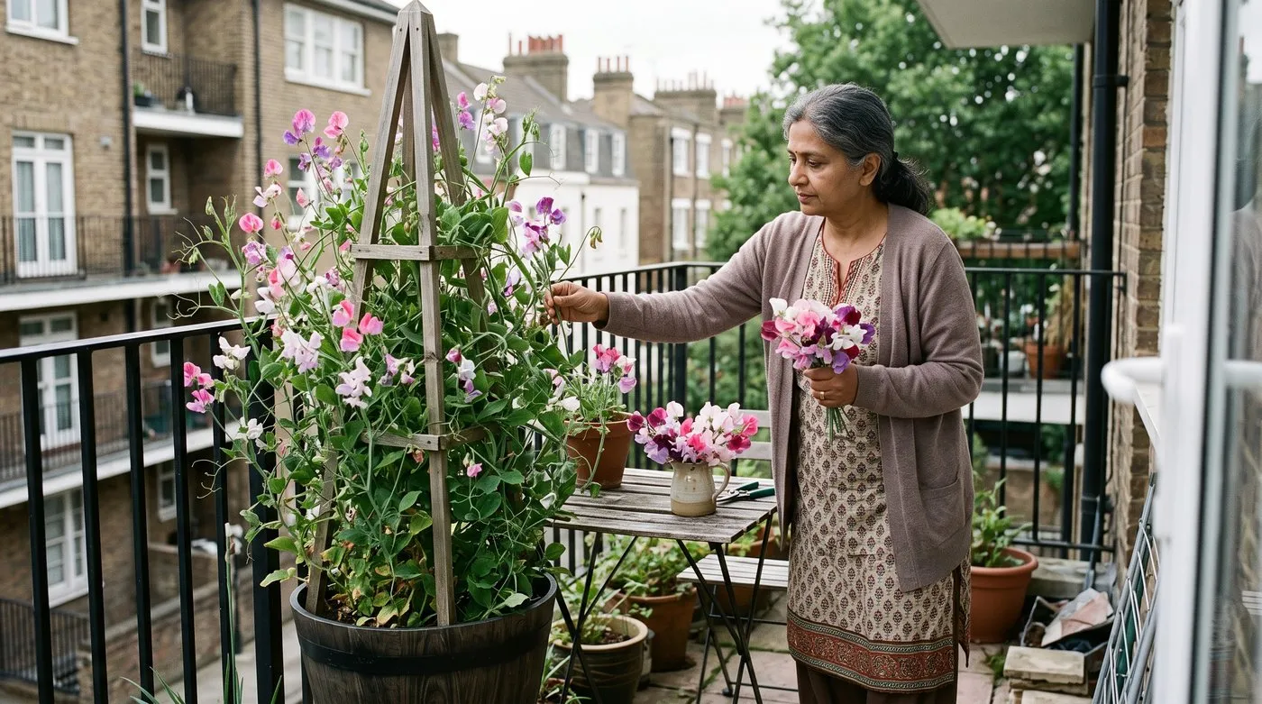 Woman picking sweet peas from plants climbing an obelisk in a pot on a city balcony