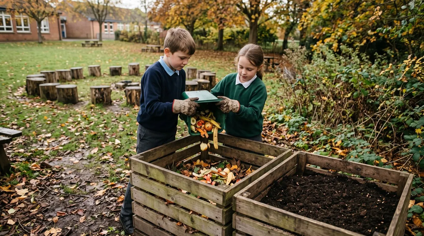 Pupils tipping fruit and vegetable peelings into a wooden compost bin in a school garden