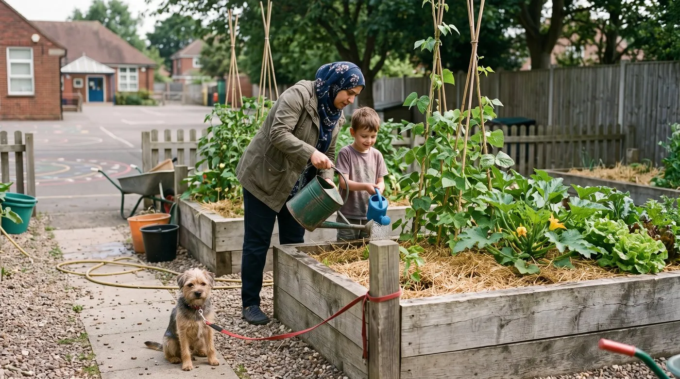 Parent and child watering straw-mulched raised beds in a school garden during the summer holidays