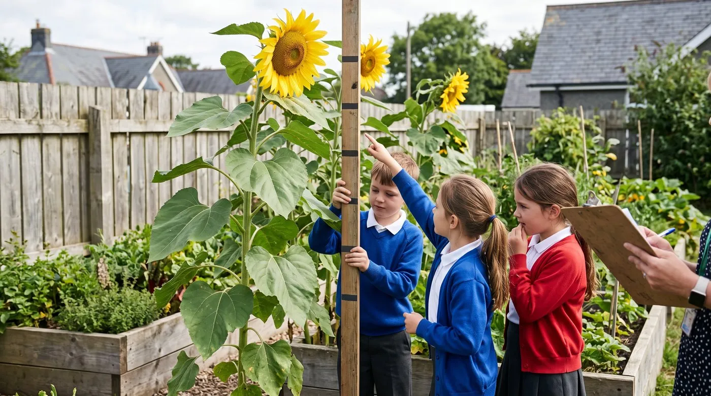 Pupils measuring tall yellow sunflowers against a wooden pole by a fence in a school garden