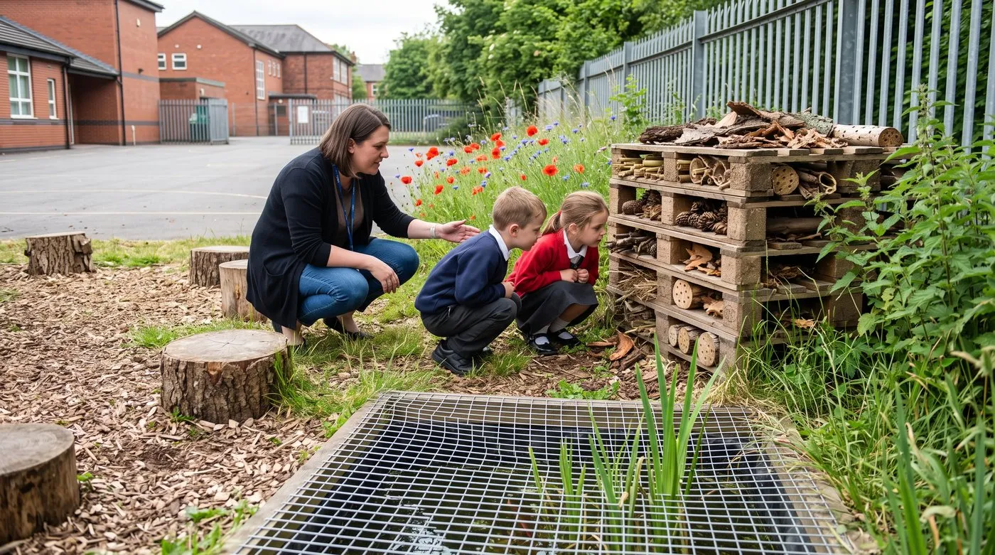 School wildlife corner with a pallet bug hotel, poppies and cornflowers and a mini pond under a mesh cover