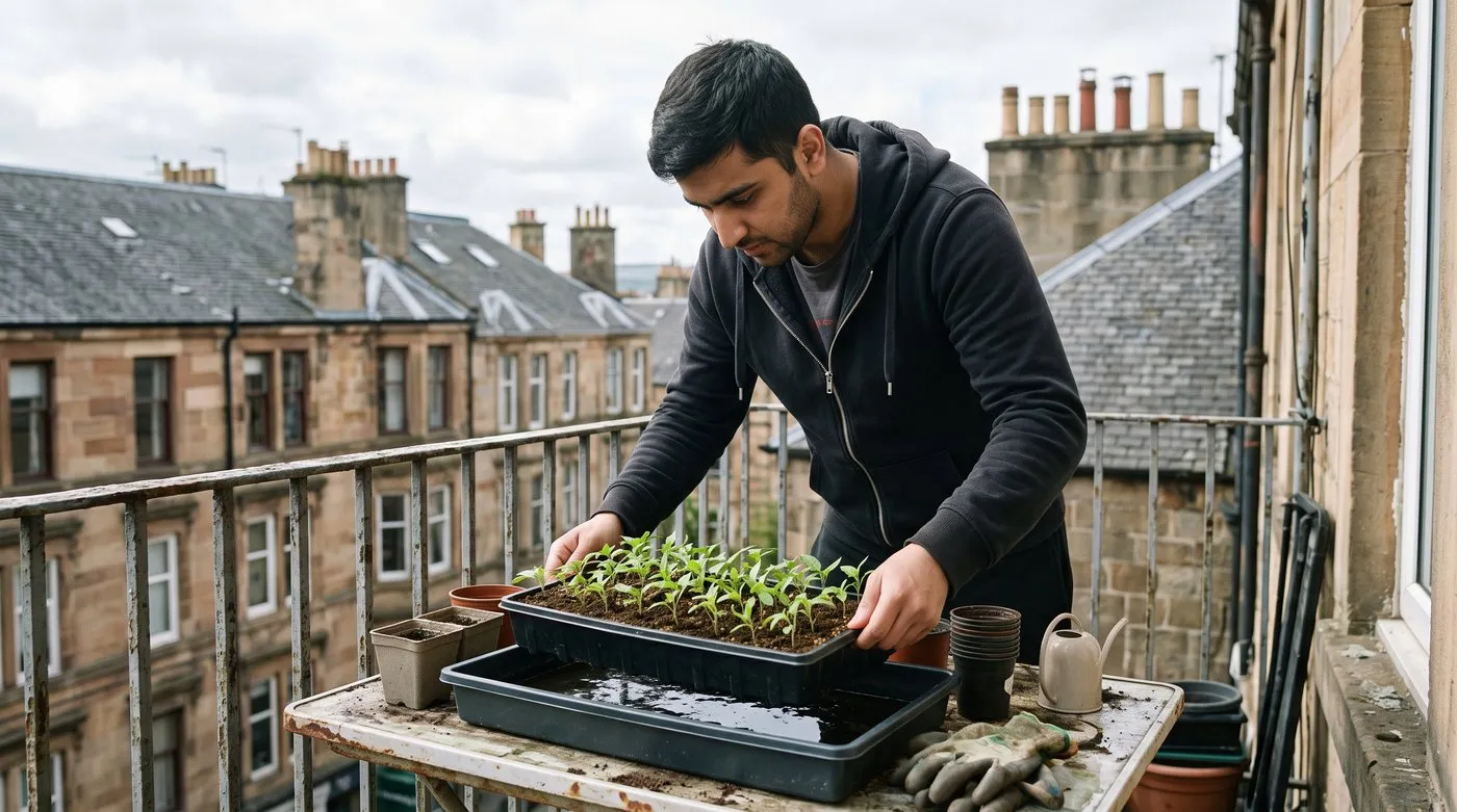 Man standing a seed tray of young seedlings in a shallow tray of water to water it from below