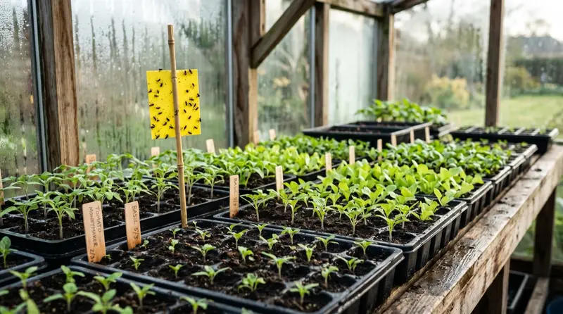 Seed trays on a UK propagation bench with yellow sticky traps catching sciarid flies above damp compost