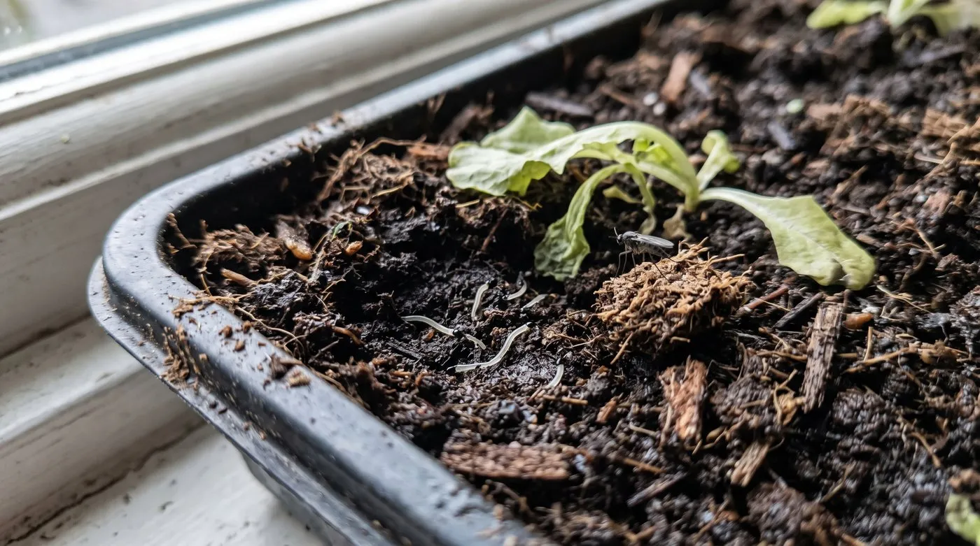 Slender white black-headed sciarid larvae in damp compost beside a small dark fungus gnat and a wilting seedling
