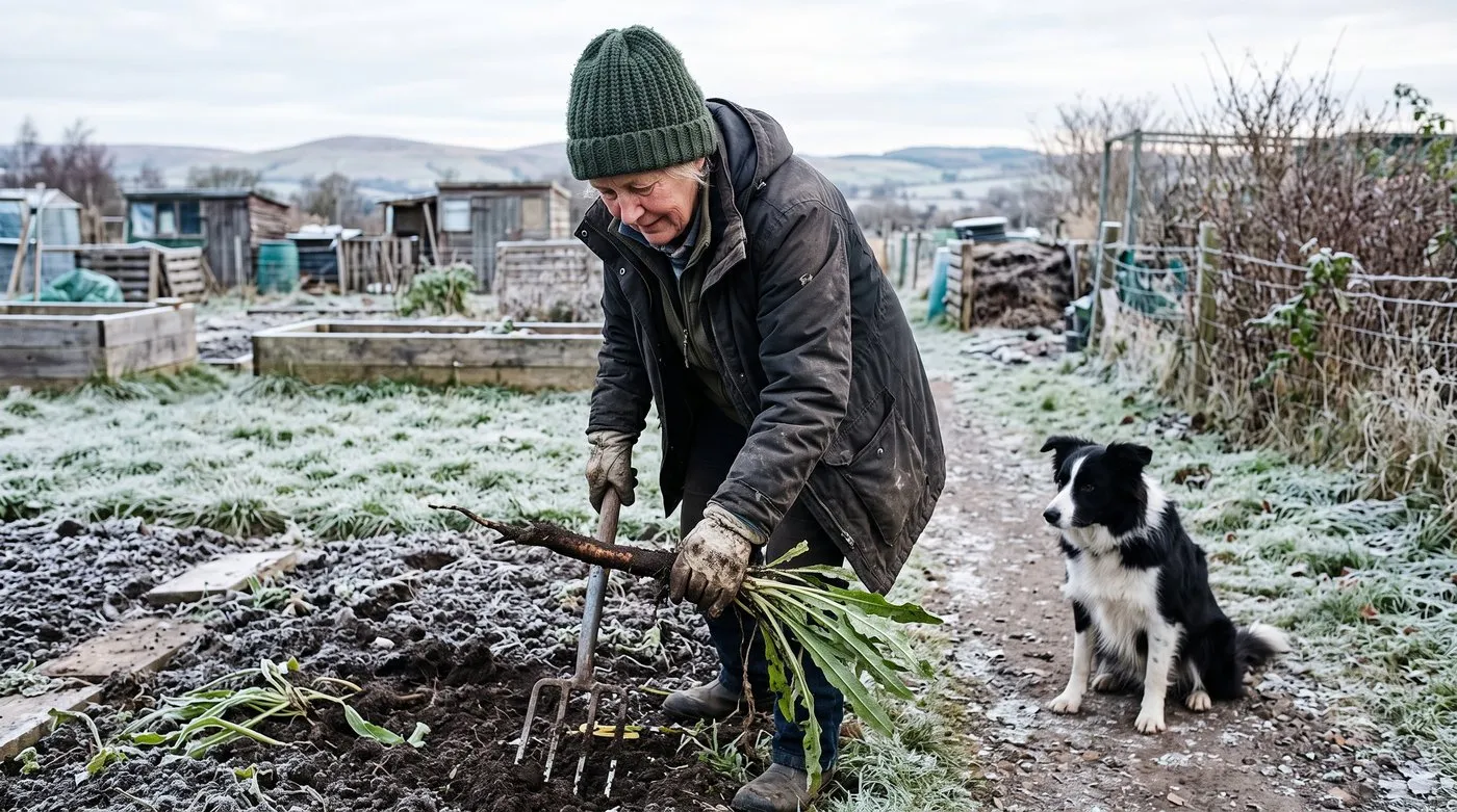 Gardener easing a long black scorzonera root from loosened soil with a fork on a frosty allotment