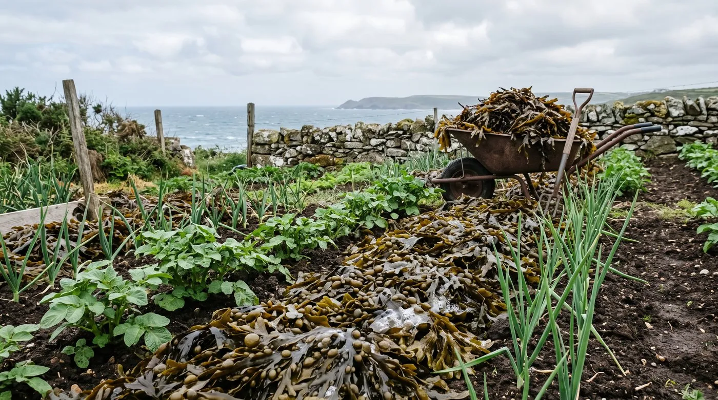 Fresh brown seaweed spread as a mulch between rows of young potatoes on a seaside allotment