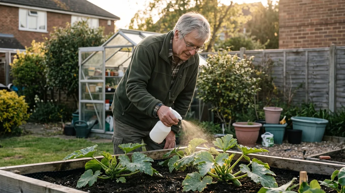 Older man misting courgette leaves with diluted seaweed feed from a hand sprayer in the evening