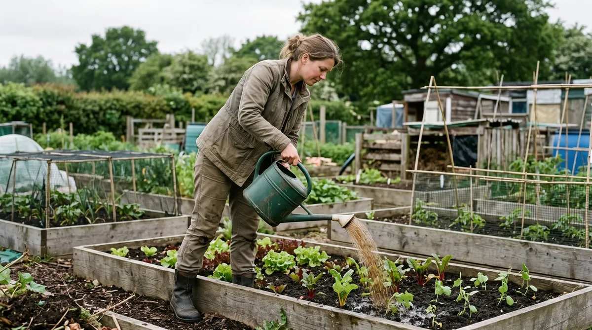 Woman watering diluted liquid seaweed feed onto a raised vegetable bed with a green watering can