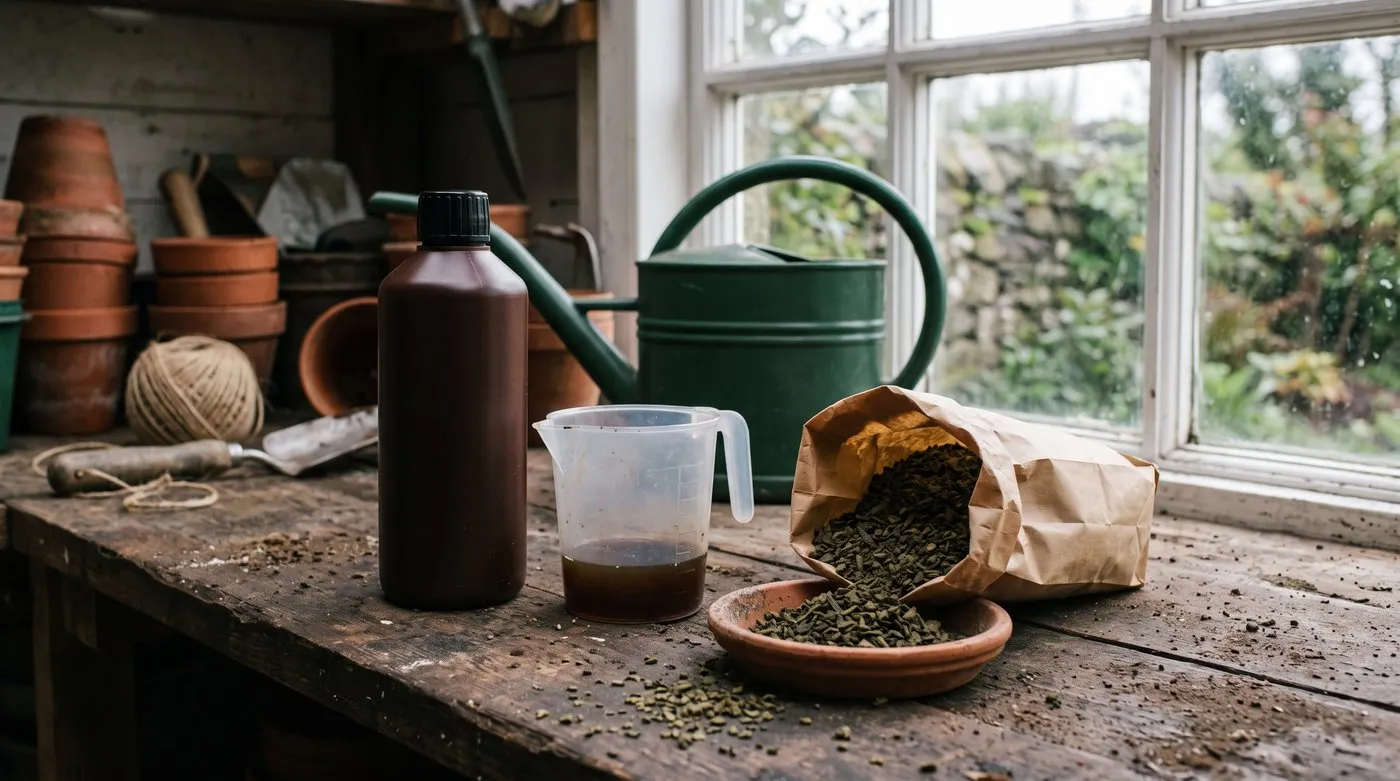 Unlabelled bottle of liquid seaweed, measuring jug and a saucer of dried seaweed meal on a shed bench