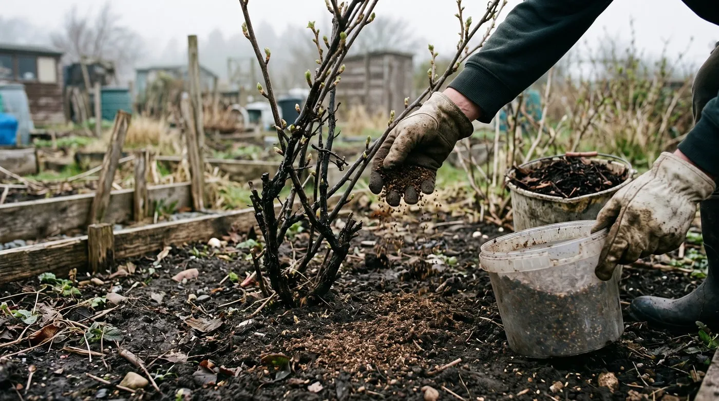 Gloved hands scattering dried seaweed meal around a blackcurrant bush in early spring