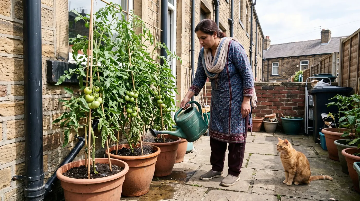 Woman watering potted cordon tomatoes along a sunny patio wall as a ginger cat sits nearby