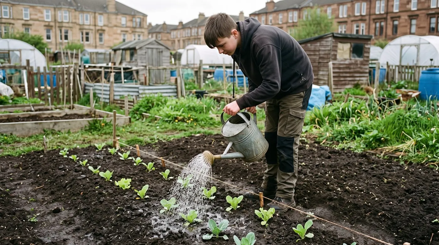 Teenage boy watering in newly planted lettuce and cabbage seedlings with a fine-rose watering can