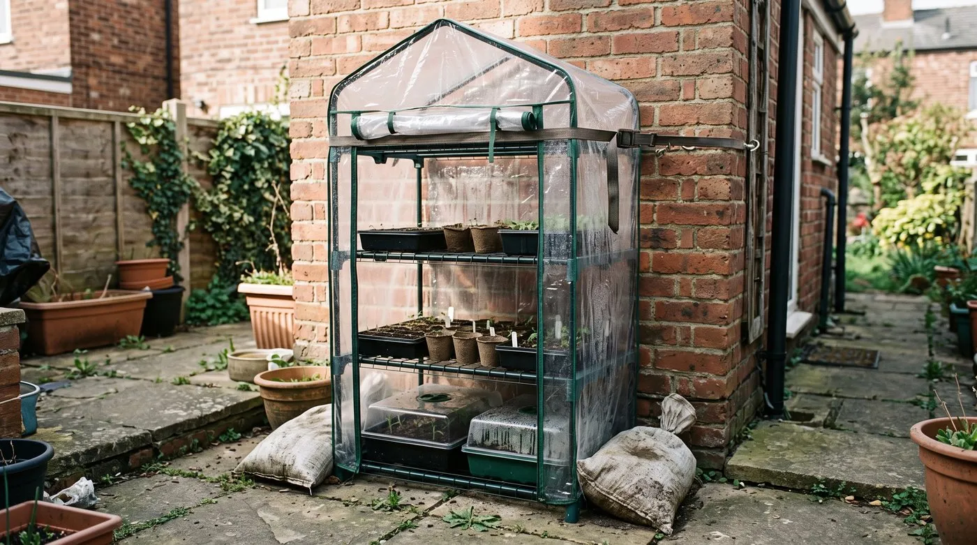 A plastic mini greenhouse weighed down with sandbags and strapped to a brick wall