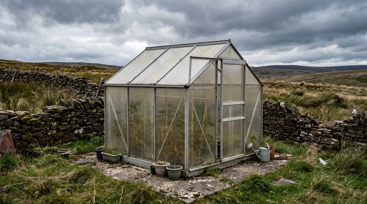 A polycarbonate greenhouse on a solid base in an exposed hillside garden on a windy day