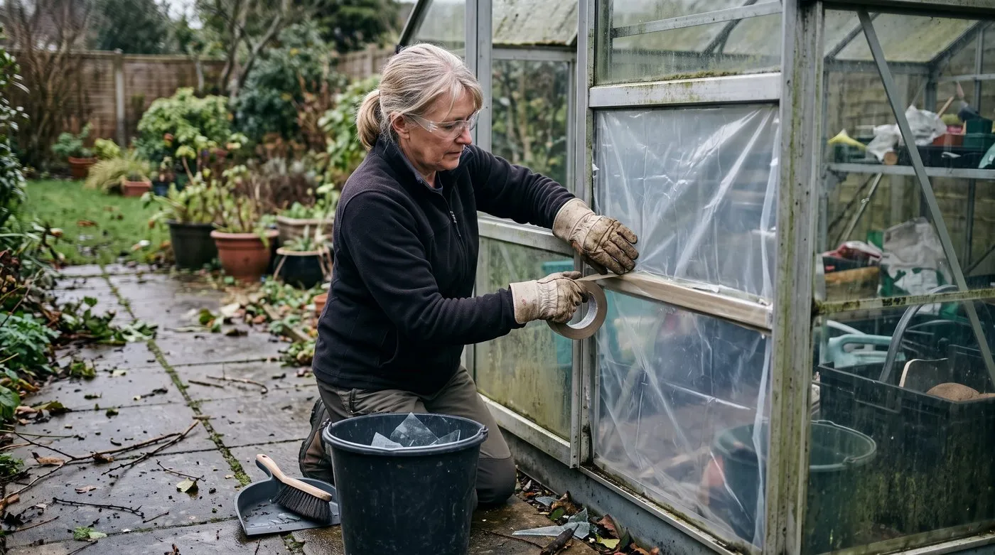 A woman in gloves and safety glasses taping clear polythene over a broken greenhouse pane after a storm