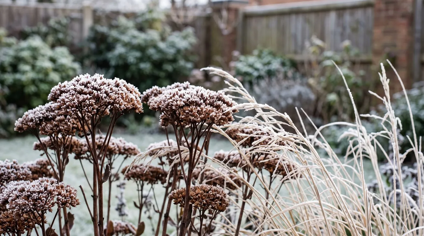 Frosted rusty-brown sedum seed heads standing beside pale ornamental grasses in winter