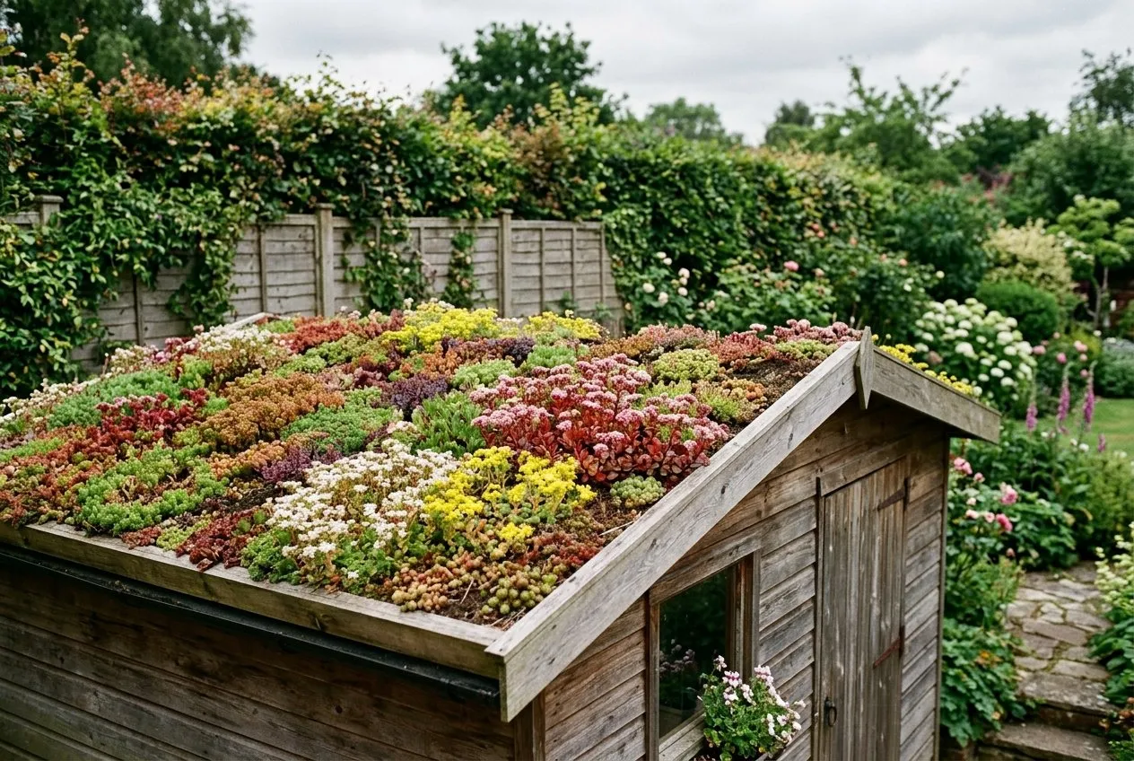 Mixed sedum species growing on a green roof of a garden shed in a UK garden