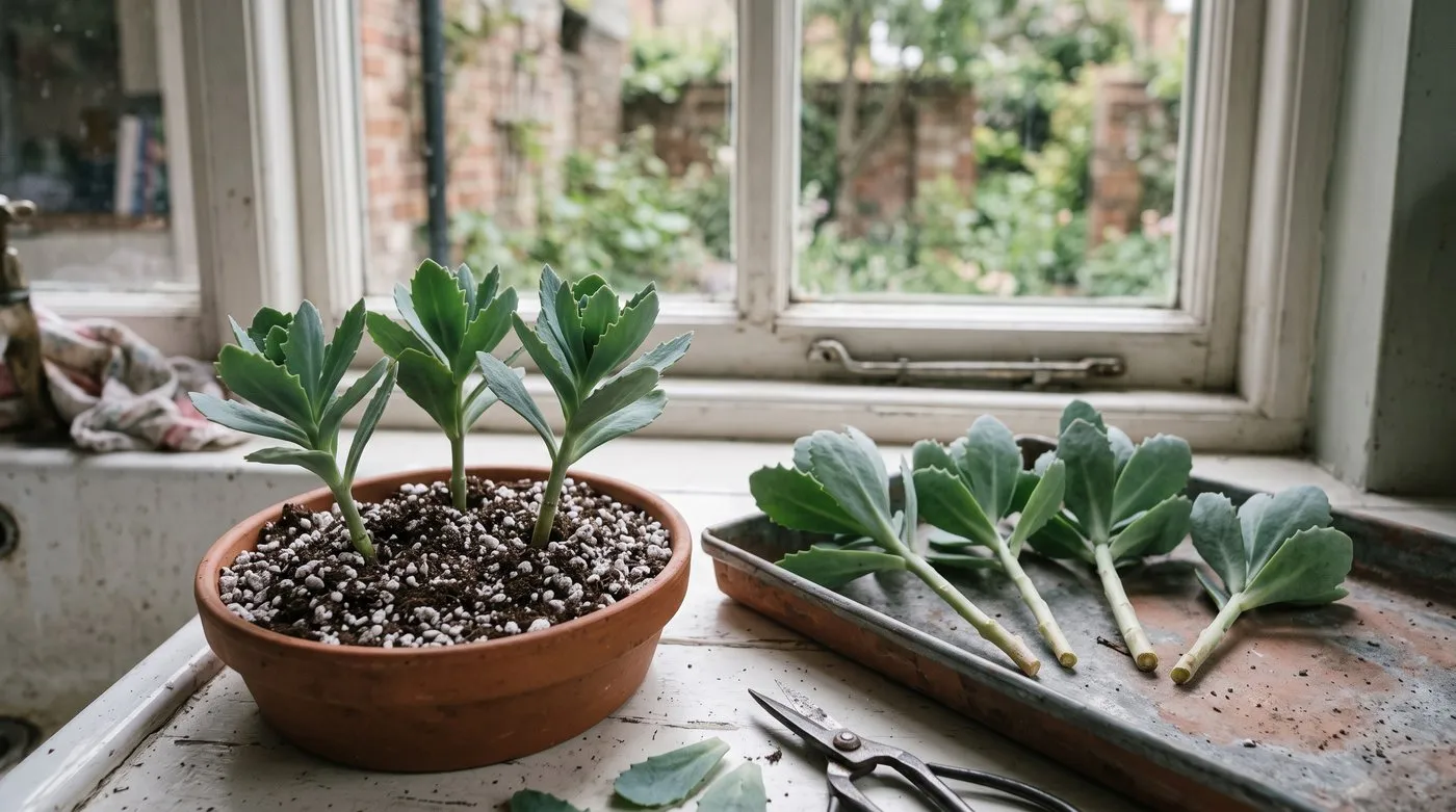 Fleshy sedum stem cuttings drying on a tray and pushed into a pot of gritty compost