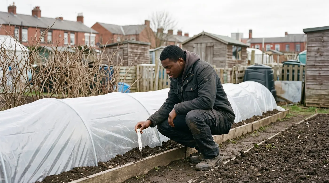 Young man checking a soil thermometer beside a polythene cloche warming an allotment bed in spring