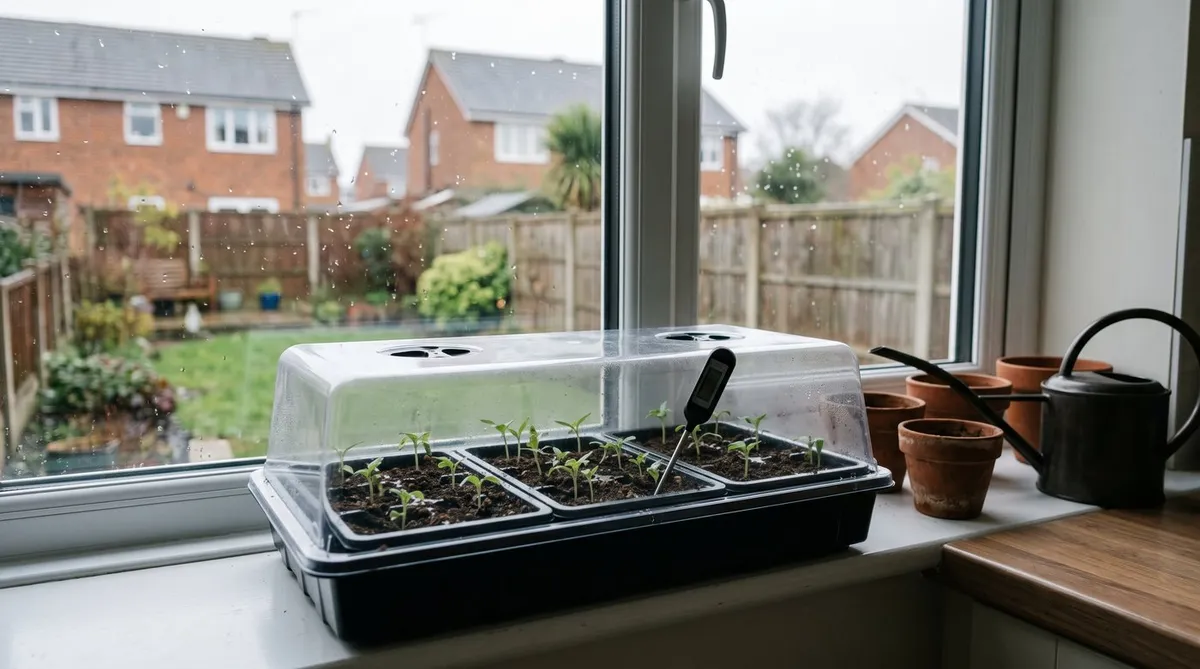 Seedlings in a covered propagator on a kitchen windowsill with a probe thermometer pushed into the compost