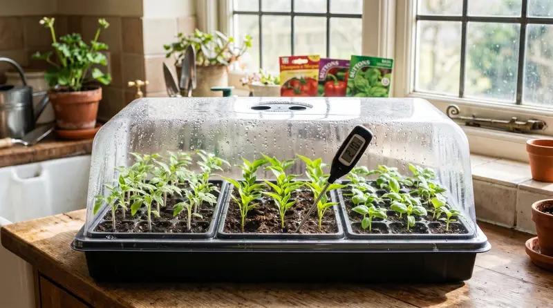 UK propagator with a soil thermometer reading 21C among seed trays of tomato, pepper and basil seedlings under a grow light