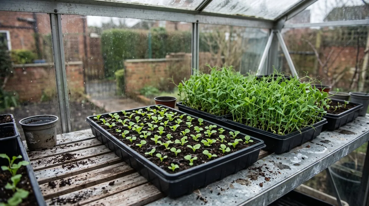 Tray of evenly germinated lettuce seedlings beside pea shoots on cool greenhouse staging
