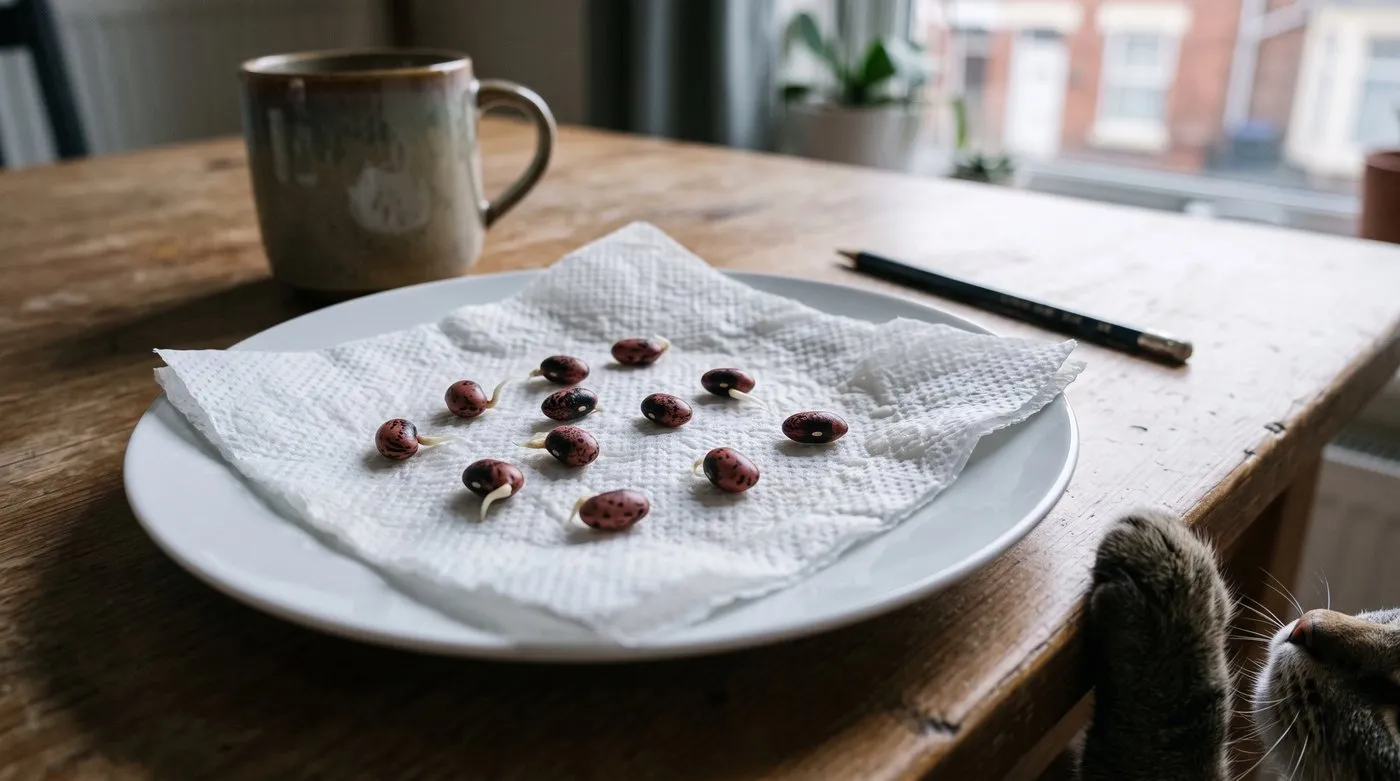 French bean seeds sprouting white roots on damp kitchen paper in a simple home germination test