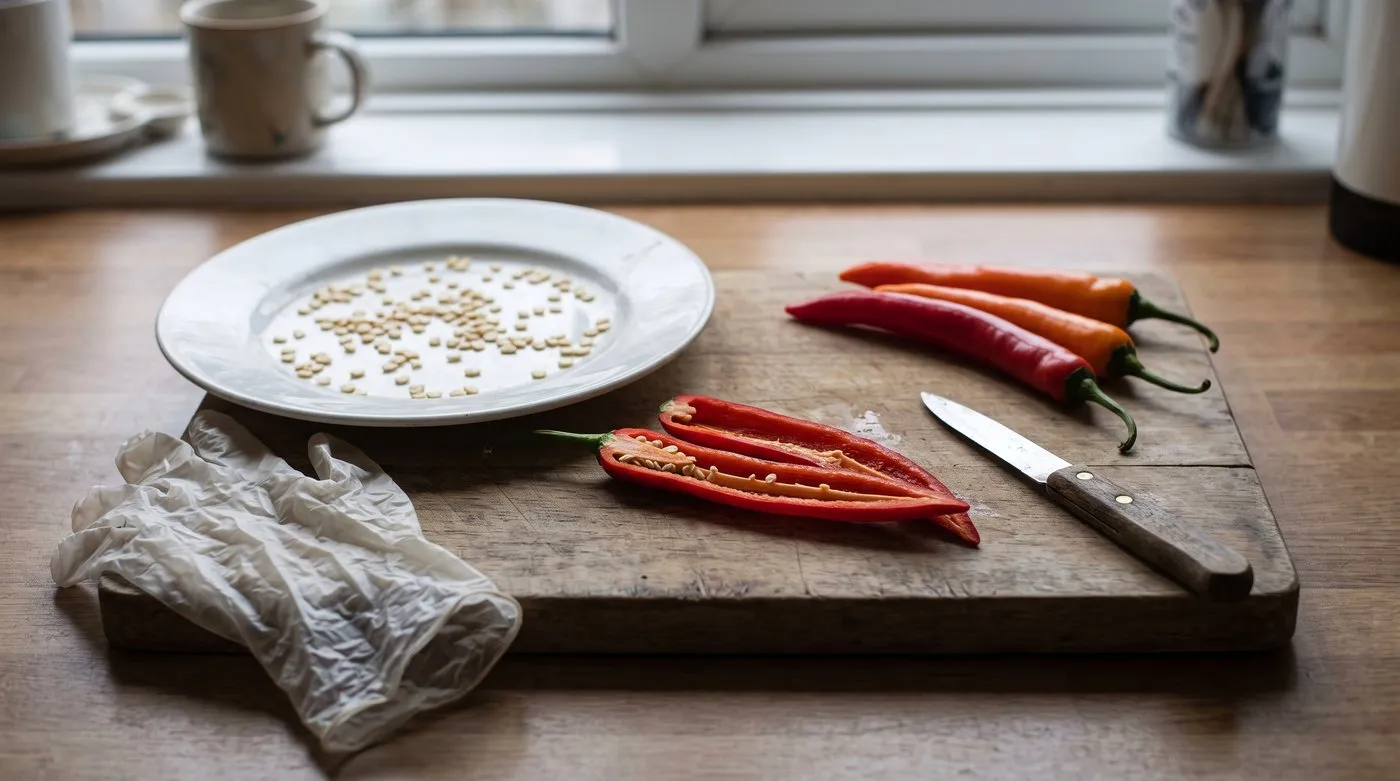 Seeds from a ripe red chilli spread on a ceramic plate to dry for saving