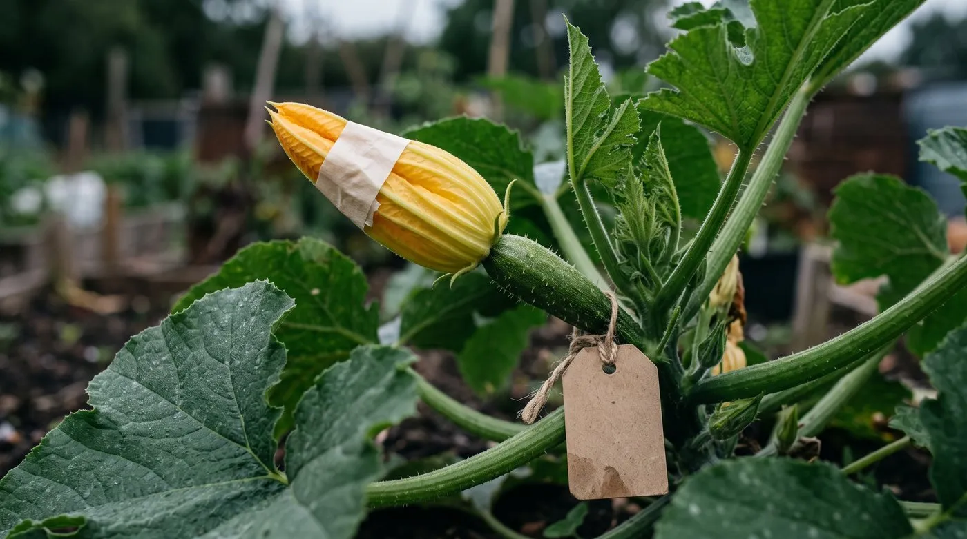 Hand-pollinated female courgette flower taped shut with a tag on the stem for seed saving