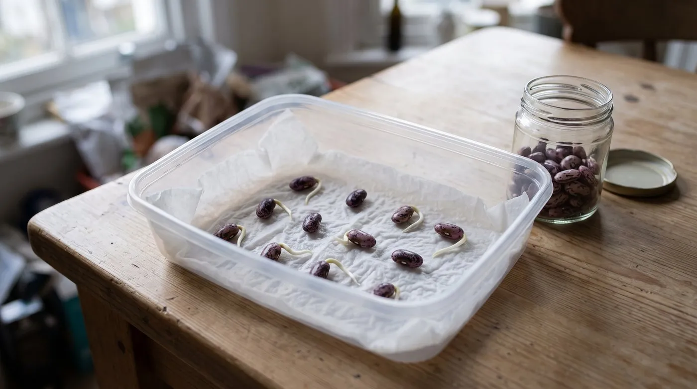 Germination test with ten saved bean seeds on damp kitchen paper, nine of them sprouted