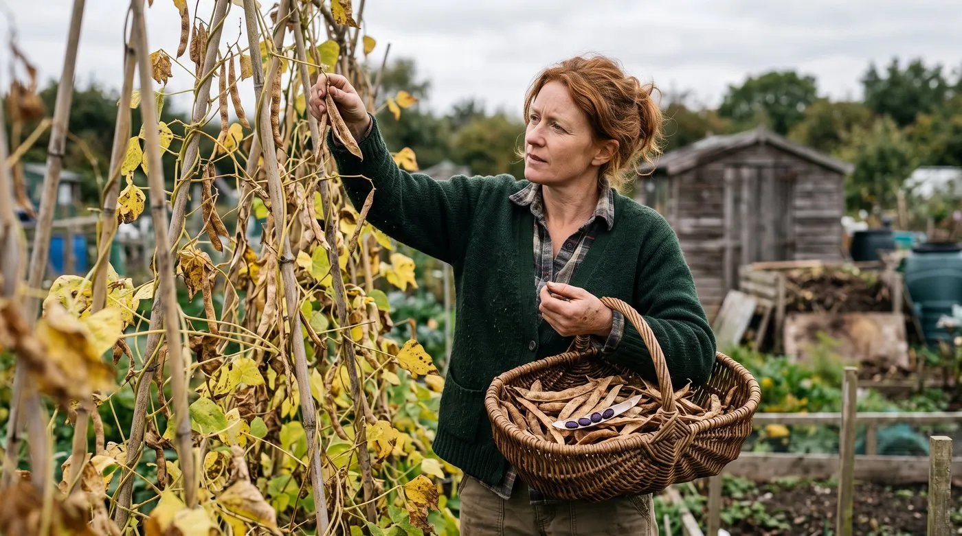Woman picking dry runner bean pods on an allotment to save the seeds