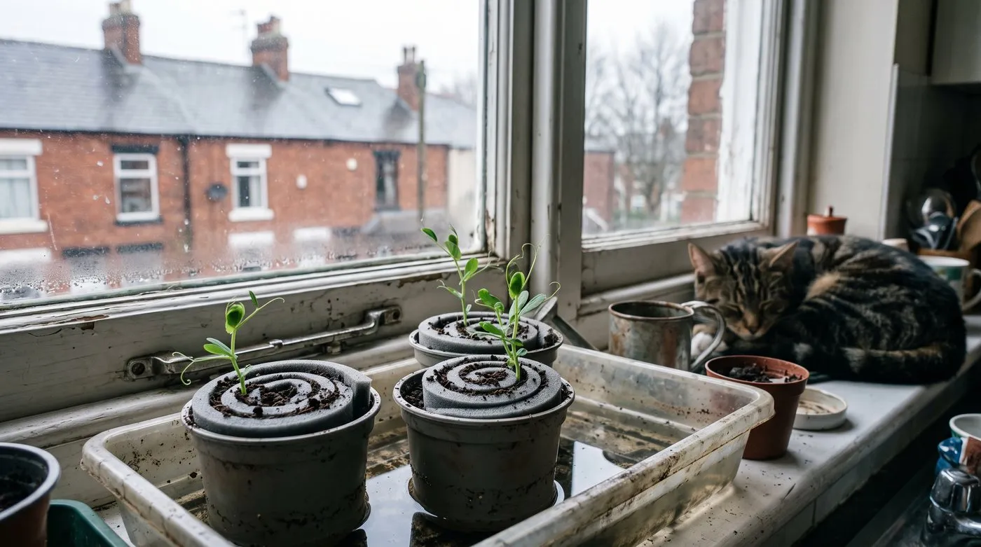 Seed snails with sweet pea seedlings standing in a shallow tray of water on a kitchen windowsill