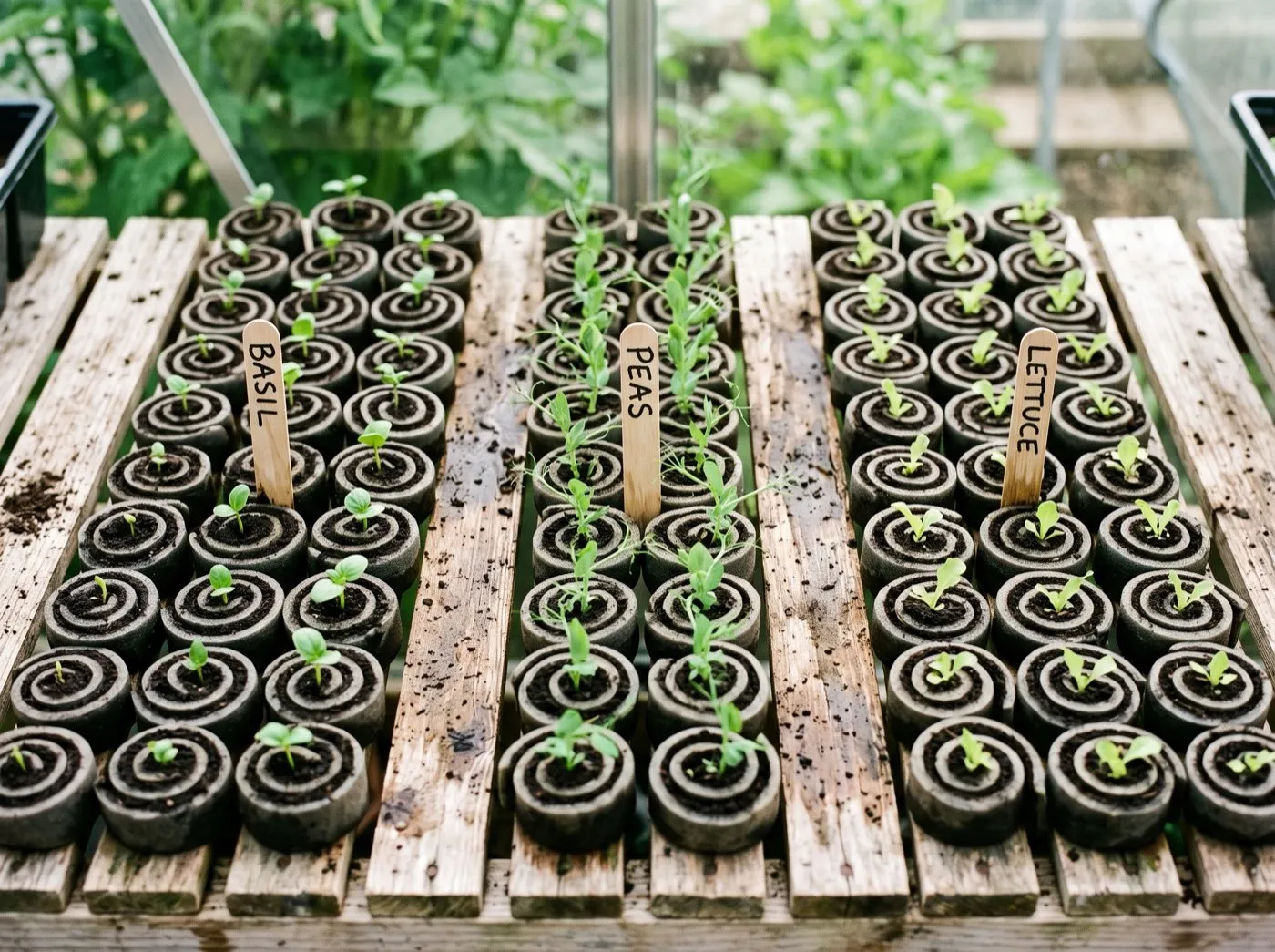 Rows of seed snails packed onto a greenhouse staging shelf with seedlings emerging from each spiral