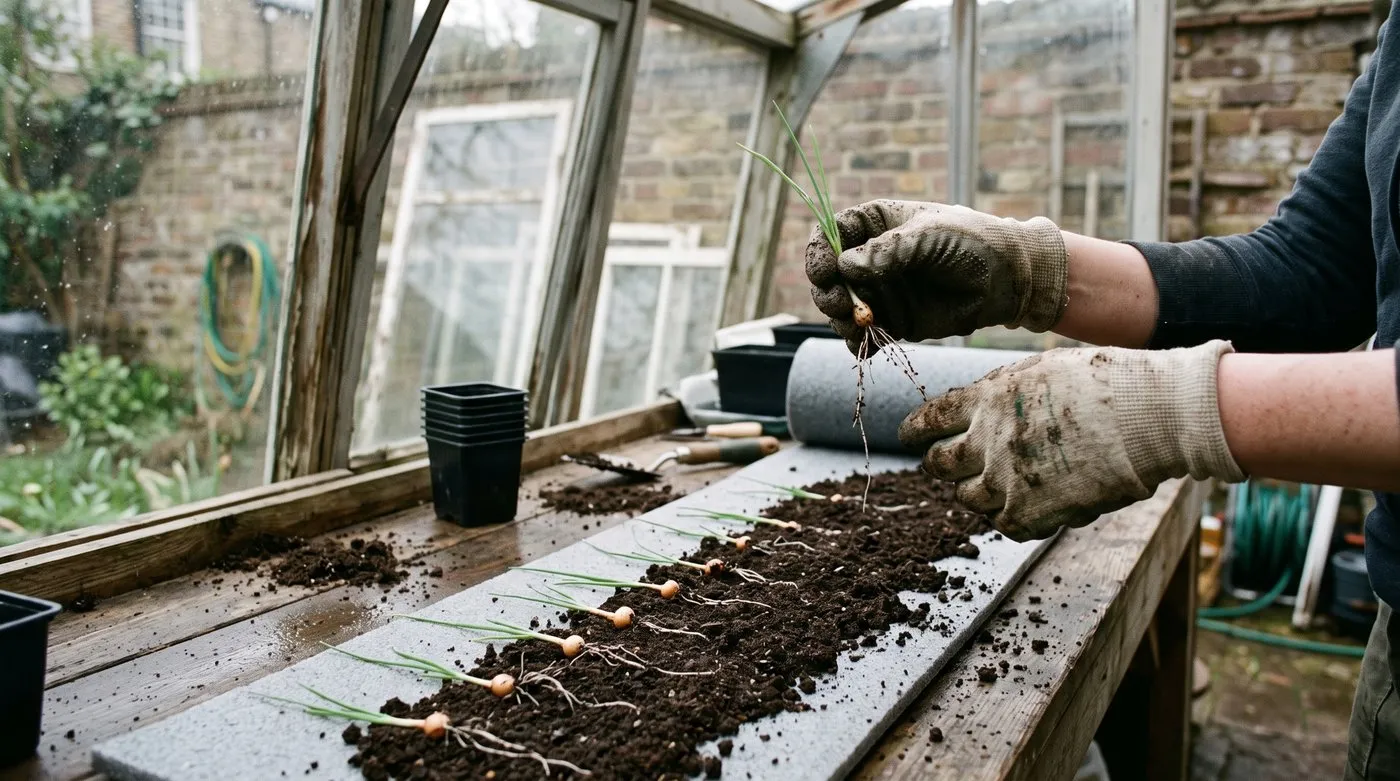 Gloved hands lifting an onion seedling from an unrolled seed snail strip to pot it on